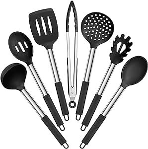 E-far Silicone Cooking Utensils Set, 7 Pcs Heat Resistant Kitchen Utensils with Stainless Steel Handle, Slotted Turner, Spoon, Soup Ladle, Pasta Server, Skimmer, Tongs for Nonstick Cookware, Black