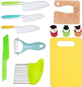 RISICULIS 11 Pieces Wooden Kids Kitchen Knife Set Include Wood Kids Safe Serrated Edges Plastic Toddler Knife, Crinkle, Sandwich Cutter, Y Peeler, Cutting Board (Crocodile)