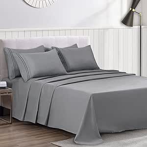 Mejoroom 6Piece Queen Sheet Set - Extra Soft Microfiber 1800 Thread Count Luxury Egyptian Sheets with 16inch Deep Pocket - Wrinkle&Cooling Bed Sheets(Queen, Gray Flannel)