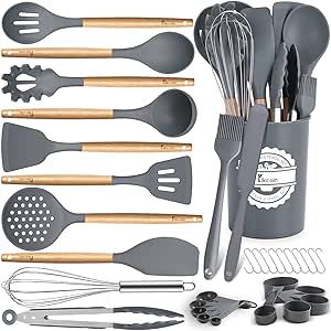 33 PCS Kitchen Utensils Set, Kikcoin Wood Handle Silicone Cooking Utensils Set with Holder, Spatulas Silicone Heat Resistant Cooking Gadgets for Nonstick Cookware, Grey