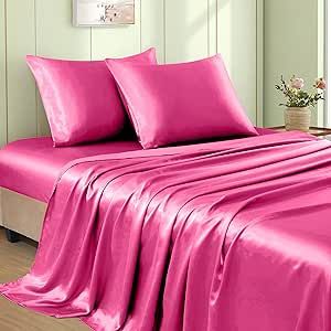 VACVELT 4pcs Hot Pink Satin Sheets Full Size Bed Set, 15 Inch Deep Pocket Silky Satin Sheet Set, Soft Satin Bedding Set Cooling & Luxury Bed Sheets, 1 Fitted Sheet + 1 Flat Sheet + 2 Pillowcases