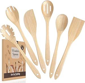 Mooues 6 Piece Wooden Spoons for Cooking Set Bamboo Kitchen Utensils Set Smooth Surface Non-Stick Cooking Utensils Set Comfortable Grip Wooden Utensils for Cooking, Housewarming Holiday Gift