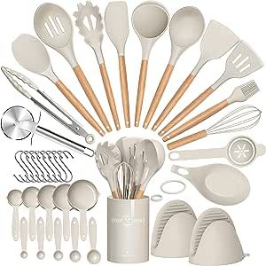 Umite Chef 36pcs Silicone Kitchen Cooking Utensils with Holder, Heat Resistant Cooking Utensils Sets Wooden Handle, Khaki Nonstick Kitchen Gadgets Tools Include Spatula Spoons Turner Pizza Cutter