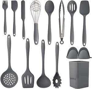 Cooking Utensils Set,15 Piece Non-Stick Silicone, Heat Resistant 446°F Kitchen Cookware Utensil Set with Holder(Non Toxic)