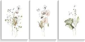 Oulores Watercolor Botanical Set of 3 Gallery Canvas Wall Art Colorful Floral Poster Mid Century Modern Wild Flowers Line Print Painting Country Farmhouse Decor Living Room Bedroom 12x16in Unframed