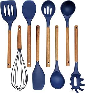 Country Kitchen Silicone Cooking Utensils, 8 Pc Kitchen Utensil Set, Easy to Clean Wooden Kitchen Utensils, Cooking Utensils for Nonstick Cookware, Kitchen Gadgets and Spatula Set - Navy