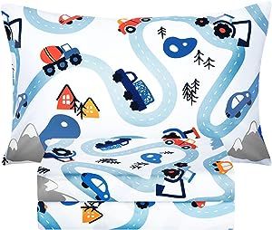 BYSURE Kids Twin Bed Printed Sheet for Boys, Car Trace Pattern 14" Deep Pocket 3 Pieces Sheets Set, Easy-wash Microfiber Cute Flat Fitted Sheets for Children