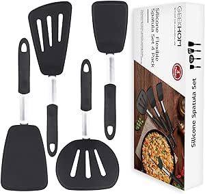 Silicone Spatula Turner Set of 4, GEEKHOM 600°F Heat Resistant Cooking Spatulas for Nonstick Cookware, Extra Large Flexible Kitchen Utensils BPA Free Rubber Spatulas for Pancake, Eggs, Fish, Black