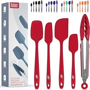 Kaluns Silicone Spatula Set 5 Pcs Rubber Spatulas Silicone Heat Resistant 600°F, Spatulas for Nonstick Cookware, Seamless Design with Stainless Steel Core, Dishwasher Safe, Bonus Tongs Included