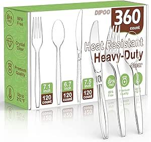 360pc Party Plastic Silverware, Disposable Cutlery set, Premium Clear Utencils Combo: 120 Forks, 120 Spoons, 120 Knives, Heavy Duty with Heat Resistant & BPA Free, Solid and Durable Party Supply