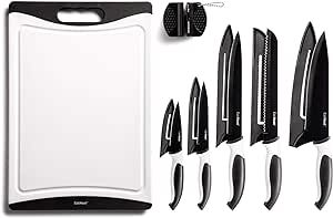 EatNeat 12 Piece Kitchen Knife Set - 5 Black Stainless Steel Knives with Safety Sheaths, a Cutting Board, and a Sharpener, Razor Sharp Cutting Tools that are Kitchen Essentials for New Homes