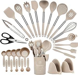 Kitchen Utensil Set, Hvygss 28 Pcs Silicone Cooking Utensils Set, Stainless Steel Handle Silicone Spatula Set with Silicone Whisk, Tongs, Ladle, Scissors, Measuring Cups and Spoons Set (Khaki)