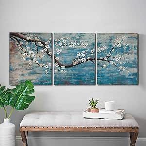 amatop 3 Piece Wall Art Hand-Painted Framed Flower Oil Painting On Canvas Gallery Wrapped Modern Floral Artwork for Living Room Bedroom Decor Teal Blue Lake Ready to Hang 12"x16"x3 Panel