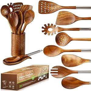 10 PCS Wooden Spoons for Cooking, Spoons and Spatula Set with Stainless Steel Handle, Teak Wooden Utensils Set with Holder & Spoon Rest, Kitchen Utensils for Non-Stick Cookware