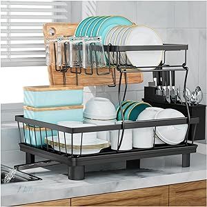 7 code Large Dish Drying Rack, 2-Tier Dish Racks for Kitchen Counter, Detachable Large Capacity Dish Drainer Organizer with Utensil Holder, Dish Drying Rack with Drain Board, Black
