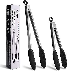 HOTEC Premium Stainless Steel Locking Kitchen Tongs with Silicon Tips, Set of 2-9" and 12"