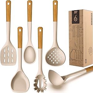 Large Silicone Cooking Utensils Set - Heat Resistant Silicone Kitchen Utensils for Cooking w Wooden Handles, Spatula Set, Kitchen Utensil Gadgets Sets for Non-Stick Cookware, BPA Free (Khaki)