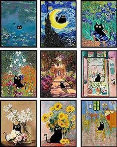 9Pcs Funny Black Cat Wall Art Famous Oil Paintings Floral Matisse Monet Van Gogh Posters Prints Vintage Gallery Wall Decor Pictures Funky Preppy Aesthetic Room Decor for Bedroom Bathroom,Unframed