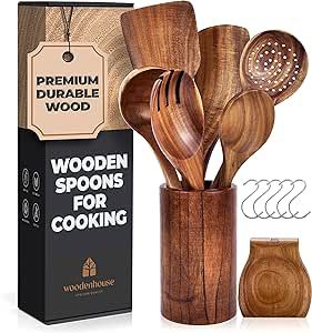 Wooden Spoons for Cooking – Wooden Utensils for Cooking Set with Holder, Spoon Rest & Hanging Hooks, Teak Wood Nonstick Kitchen Cookware – Durable Set of 8pcs by Woodenhouse